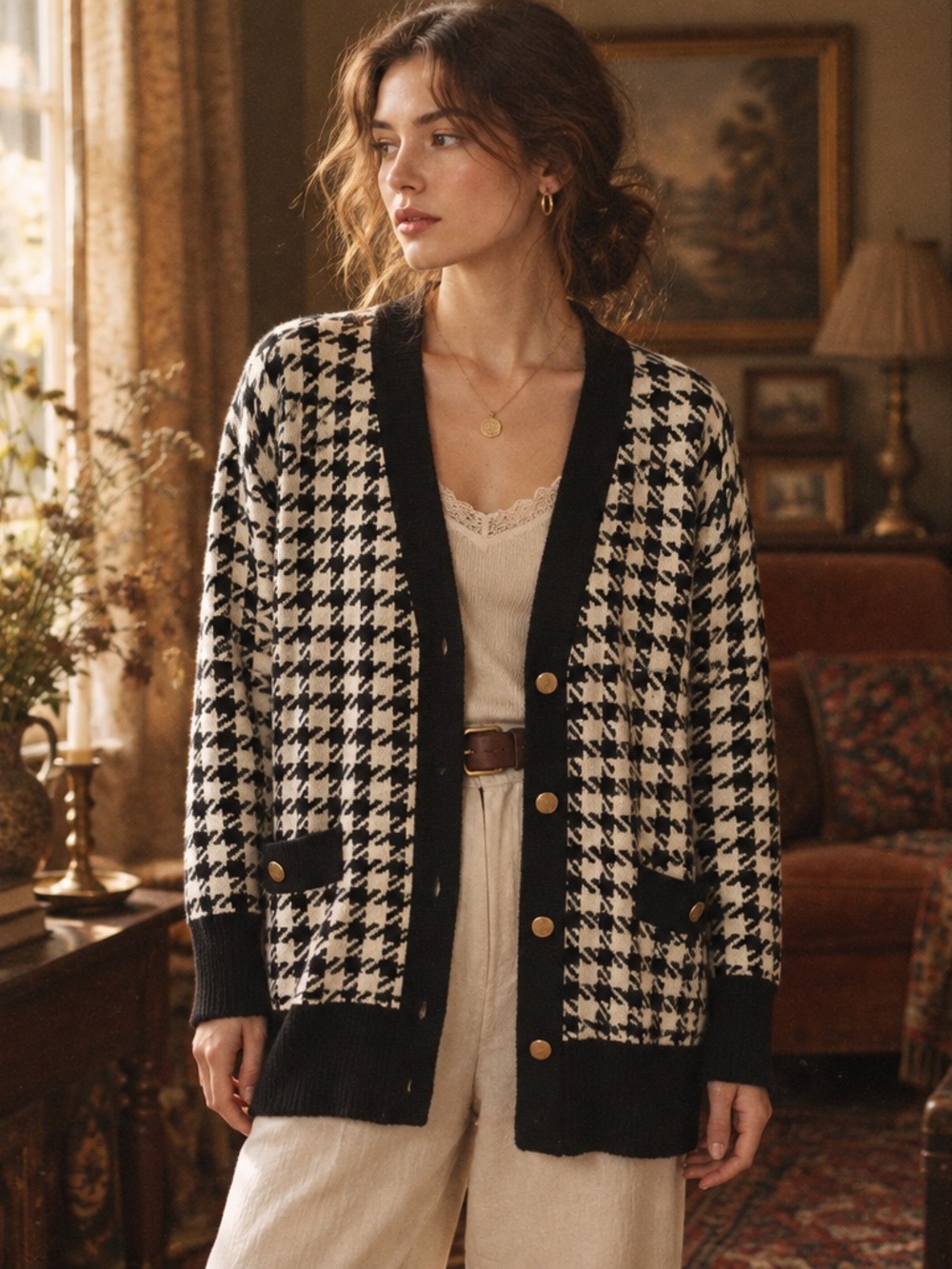 LOFT Womens XL Black Cream Houndstooth Cardigan Gold Button Sweater quiet luxury